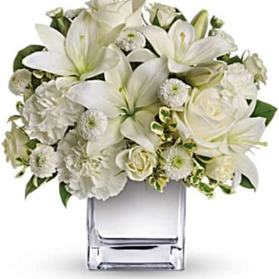 This exquisite all-white bouquet in a dazzling mirrored silver cube may be petite, but it will make a huge impression.
So much beauty for such a merrily modest price tag.
The lovely bouquet includes white roses, white spray roses, white Asiatic lilies, white carnations and white button spray chrysanthemums accented with assorted greenery.